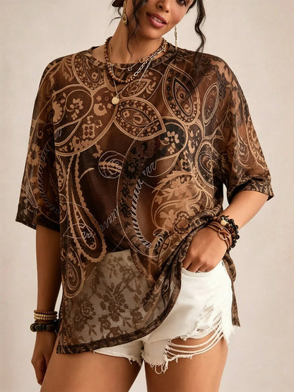 Freevana Plus Size Women's Printed Top Casual Boho Simple Floral Pattern Suitable For Summer Vacation Black