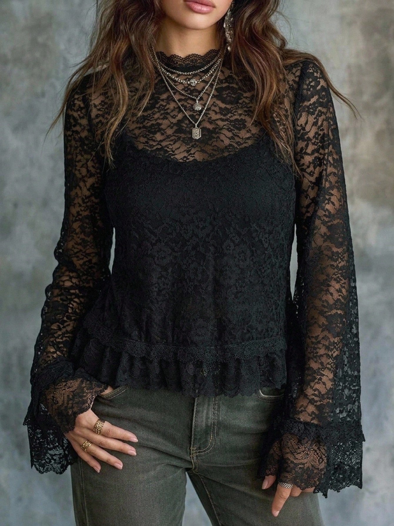 Freevana Women's Boiho Vintage Sexy Style Black Sheer Lace Long Sleeve Blouse- Elegant Scalloped Crewneck Ruffle Hem See-Through Top Holiday Autumn Holiday