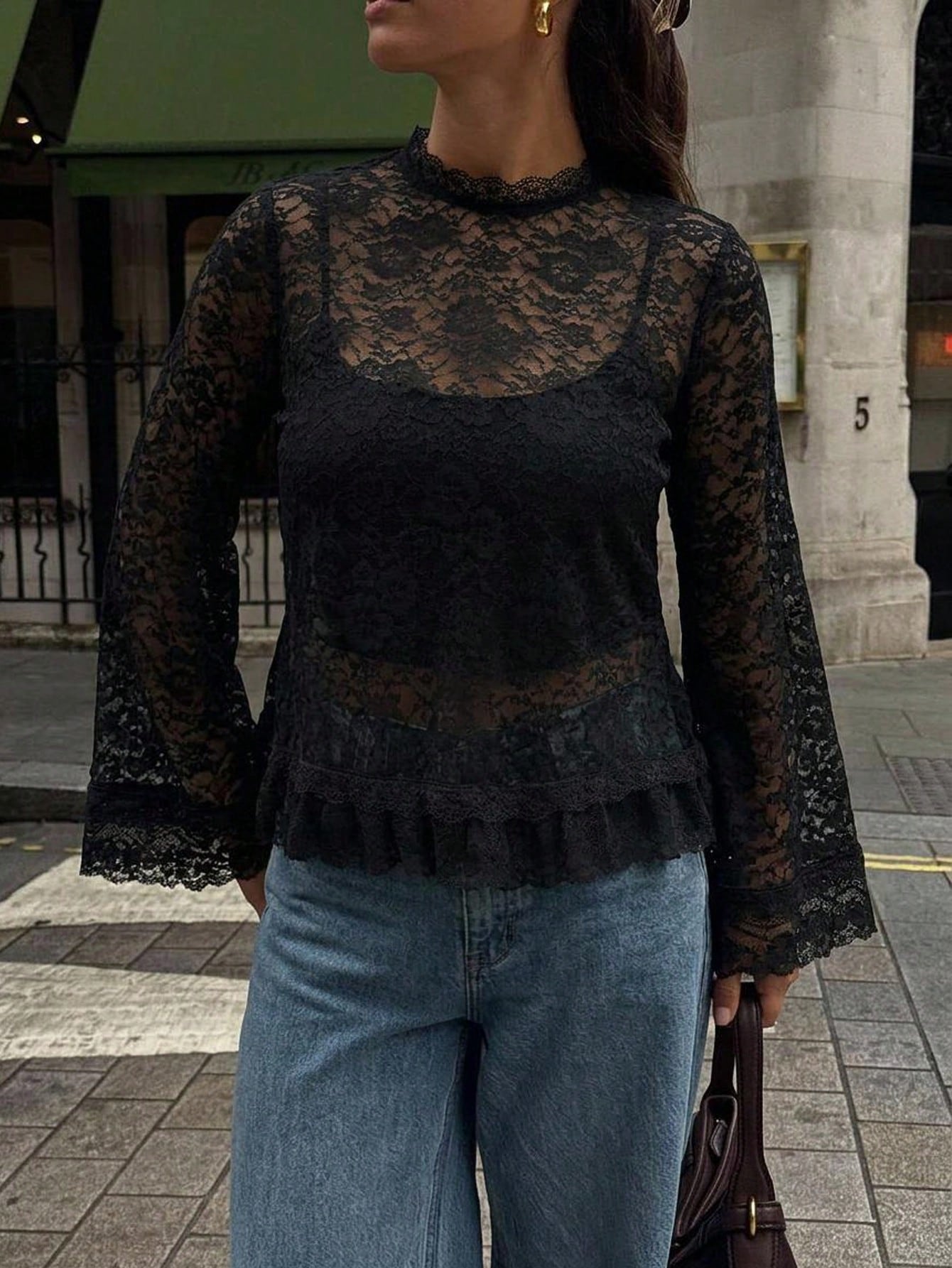 Freevana Women's Boiho Vintage Sexy Style Black Sheer Lace Long Sleeve Blouse- Elegant Scalloped Crewneck Ruffle Hem See-Through Top Holiday Autumn Holiday