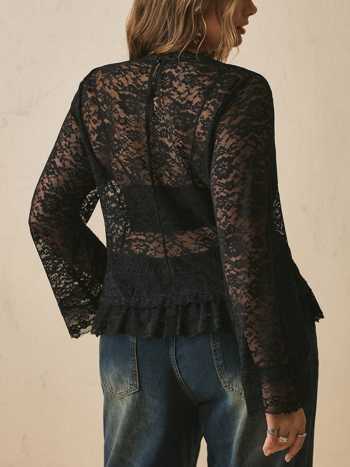 Freevana Women's Boiho Vintage Sexy Style Black Sheer Lace Long Sleeve Blouse- Elegant Scalloped Crewneck Ruffle Hem See-Through Top Holiday Autumn Holiday