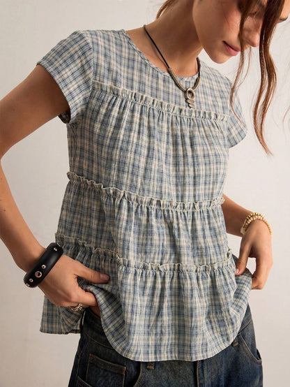 Freevana Women's Plaid Round Neck Cap Sleeve Frill Trim Casual Blouse Picnic Blue Plaid Plaid Summer Back-To-School Picnic Brunch