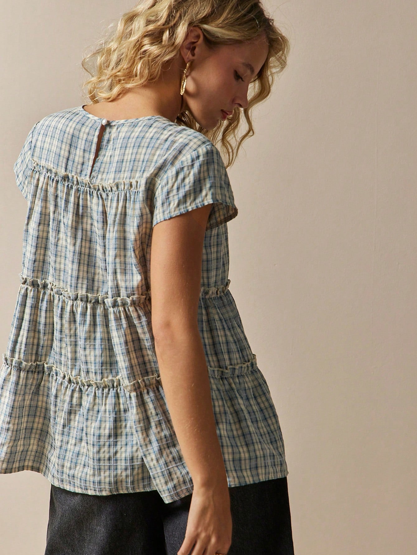Freevana Women's Plaid Round Neck Cap Sleeve Frill Trim Casual Blouse Picnic Blue Plaid Plaid Summer Back-To-School Picnic Brunch