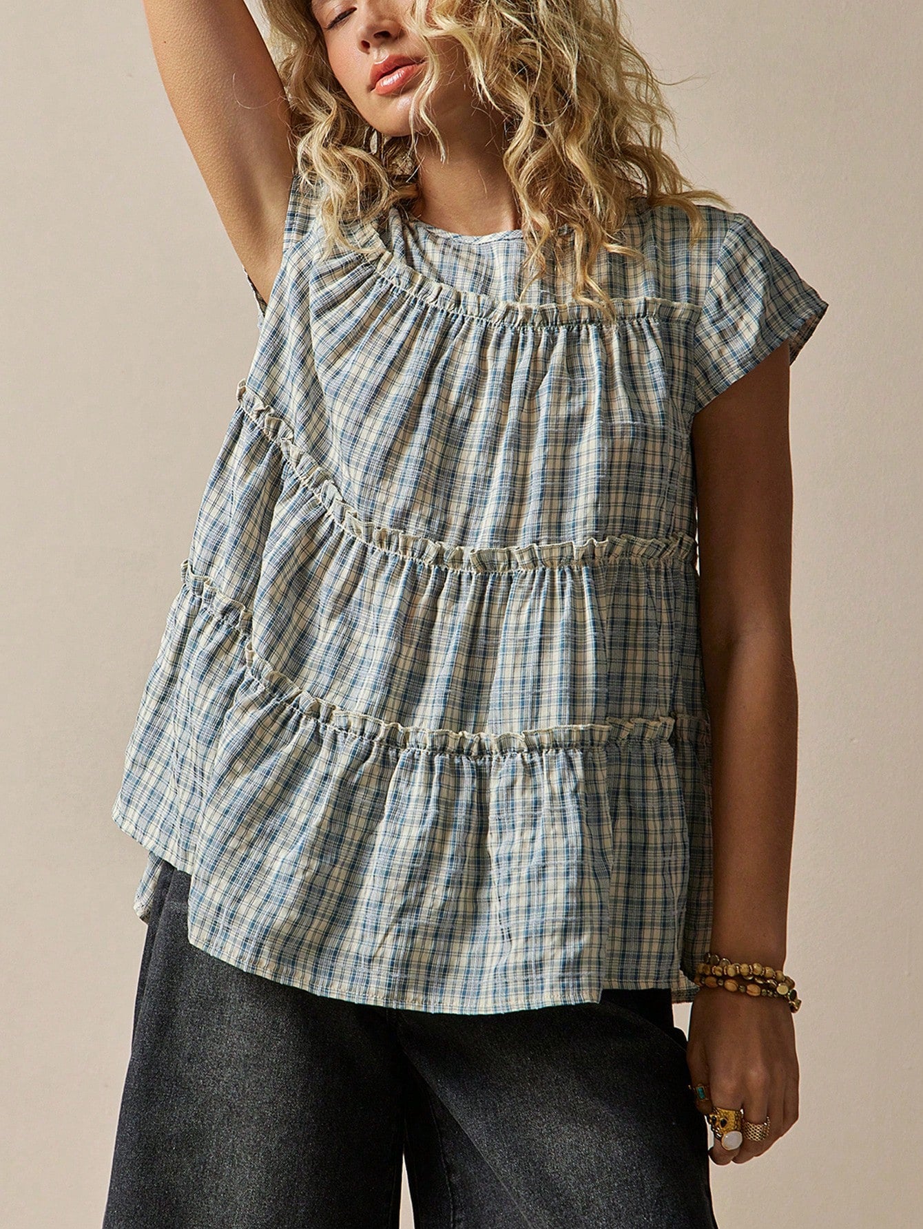 Freevana Women's Plaid Round Neck Cap Sleeve Frill Trim Casual Blouse Picnic Blue Plaid Plaid Summer Back-To-School Picnic Brunch