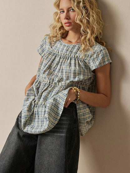 Freevana Women's Plaid Round Neck Cap Sleeve Frill Trim Casual Blouse Picnic Blue Plaid Plaid Summer Back-To-School Picnic Brunch