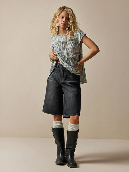Freevana Women's Plaid Round Neck Cap Sleeve Frill Trim Casual Blouse Picnic Blue Plaid Plaid Summer Back-To-School Picnic Brunch