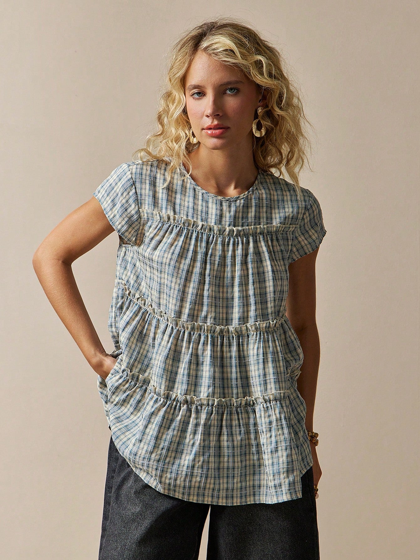 Freevana Women's Plaid Round Neck Cap Sleeve Frill Trim Casual Blouse Picnic Blue Plaid Plaid Summer Back-To-School Picnic Brunch