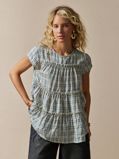 Freevana Women's Plaid Round Neck Cap Sleeve Frill Trim Casual Blouse Picnic Blue Plaid Plaid Summer Back-To-School Picnic Brunch