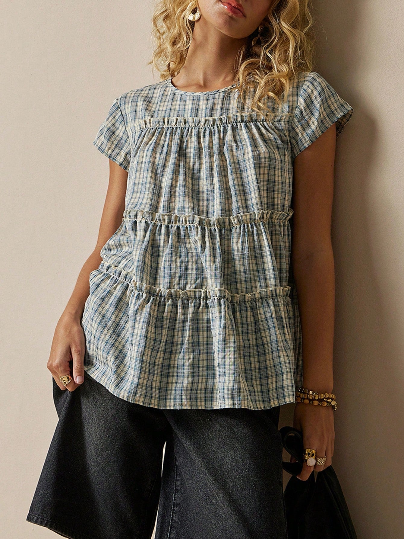 Freevana Women's Plaid Round Neck Cap Sleeve Frill Trim Casual Blouse Picnic Blue Plaid Plaid Summer Back-To-School Picnic Brunch