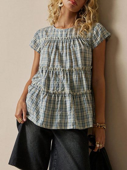 Freevana Women's Plaid Round Neck Cap Sleeve Frill Trim Casual Blouse Picnic Blue Plaid Plaid Summer Back-To-School Picnic Brunch