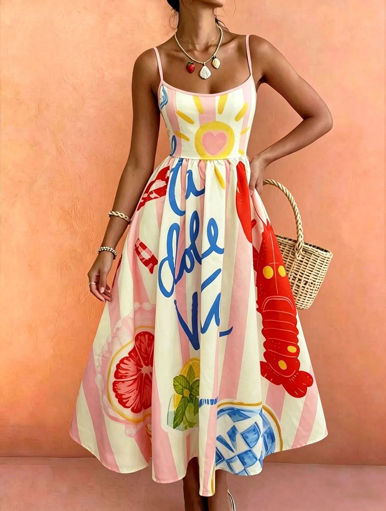 French Italian Vacation Style Thin Strap Waist-Cinching Midi Dress, Pink And White Vertical Stripes With Lobster And Fruit Fun Print, La Dolce Vita Letter Graffiti Design, High Waist A-Line Slimming