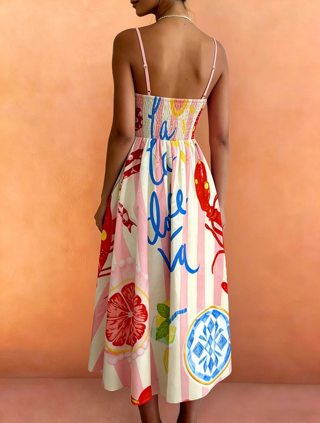 French Italian Vacation Style Thin Strap Waist-Cinching Midi Dress, Pink And White Vertical Stripes With Lobster And Fruit Fun Print, La Dolce Vita Letter Graffiti Design, High Waist A-Line Slimming