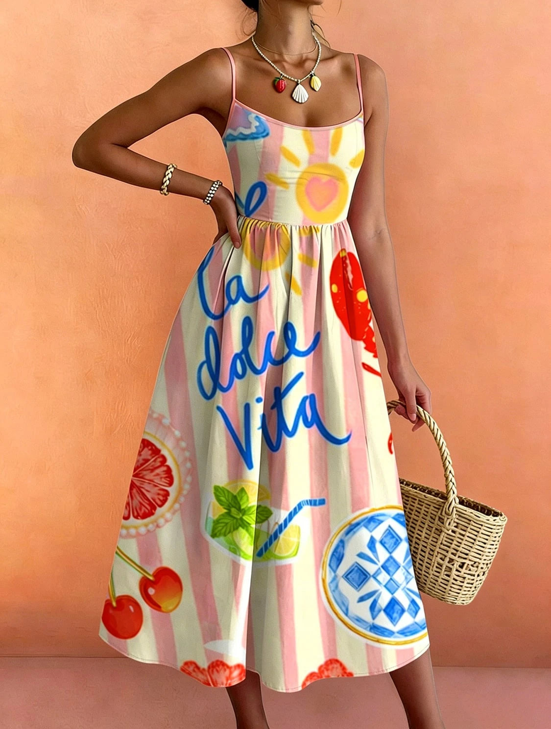 French Italian Vacation Style Thin Strap Waist-Cinching Midi Dress, Pink And White Vertical Stripes With Lobster And Fruit Fun Print, La Dolce Vita Letter Graffiti Design, High Waist A-Line Slimming
