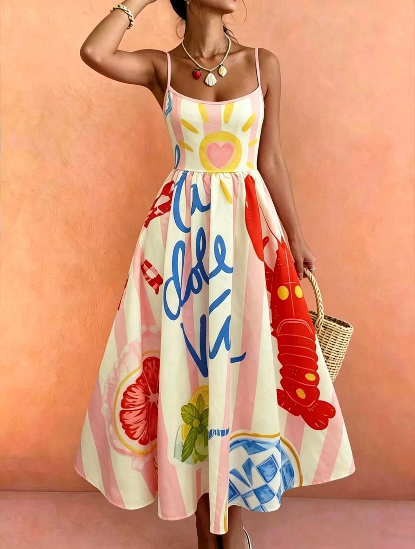 French Italian Vacation Style Thin Strap Waist-Cinching Midi Dress, Pink And White Vertical Stripes With Lobster And Fruit Fun Print, La Dolce Vita Letter Graffiti Design, High Waist A-Line Slimming
