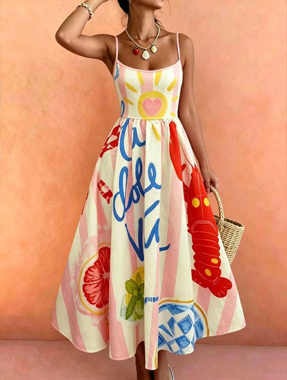 French Italian Vacation Style Thin Strap Waist-Cinching Midi Dress, Pink And White Vertical Stripes With Lobster And Fruit Fun Print, La Dolce Vita Letter Graffiti Design, High Waist A-Line Slimming