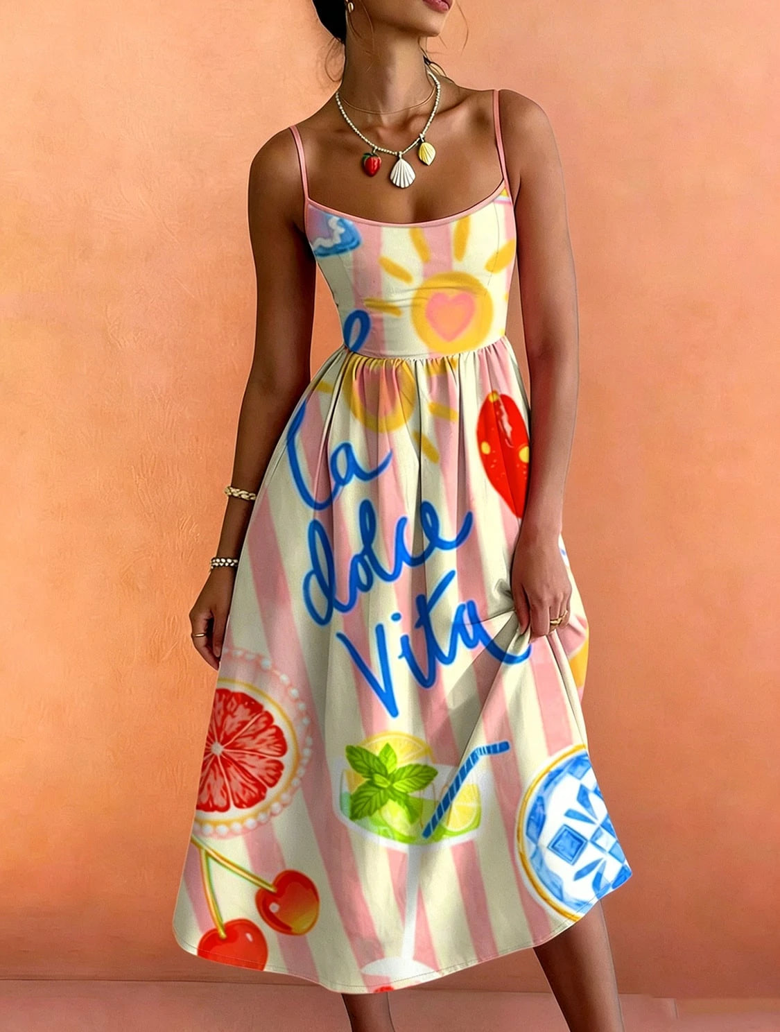 French Italian Vacation Style Thin Strap Waist-Cinching Midi Dress, Pink And White Vertical Stripes With Lobster And Fruit Fun Print, La Dolce Vita Letter Graffiti Design, High Waist A-Line Slimming