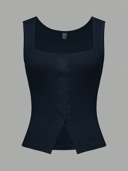 French Square Neck Sleeveless Cropped Knit Camisole, Open Slit Design, Skinny Fit Chic Top For Summer