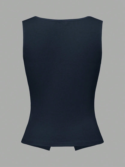 French Square Neck Sleeveless Cropped Knit Camisole, Open Slit Design, Skinny Fit Chic Top For Summer