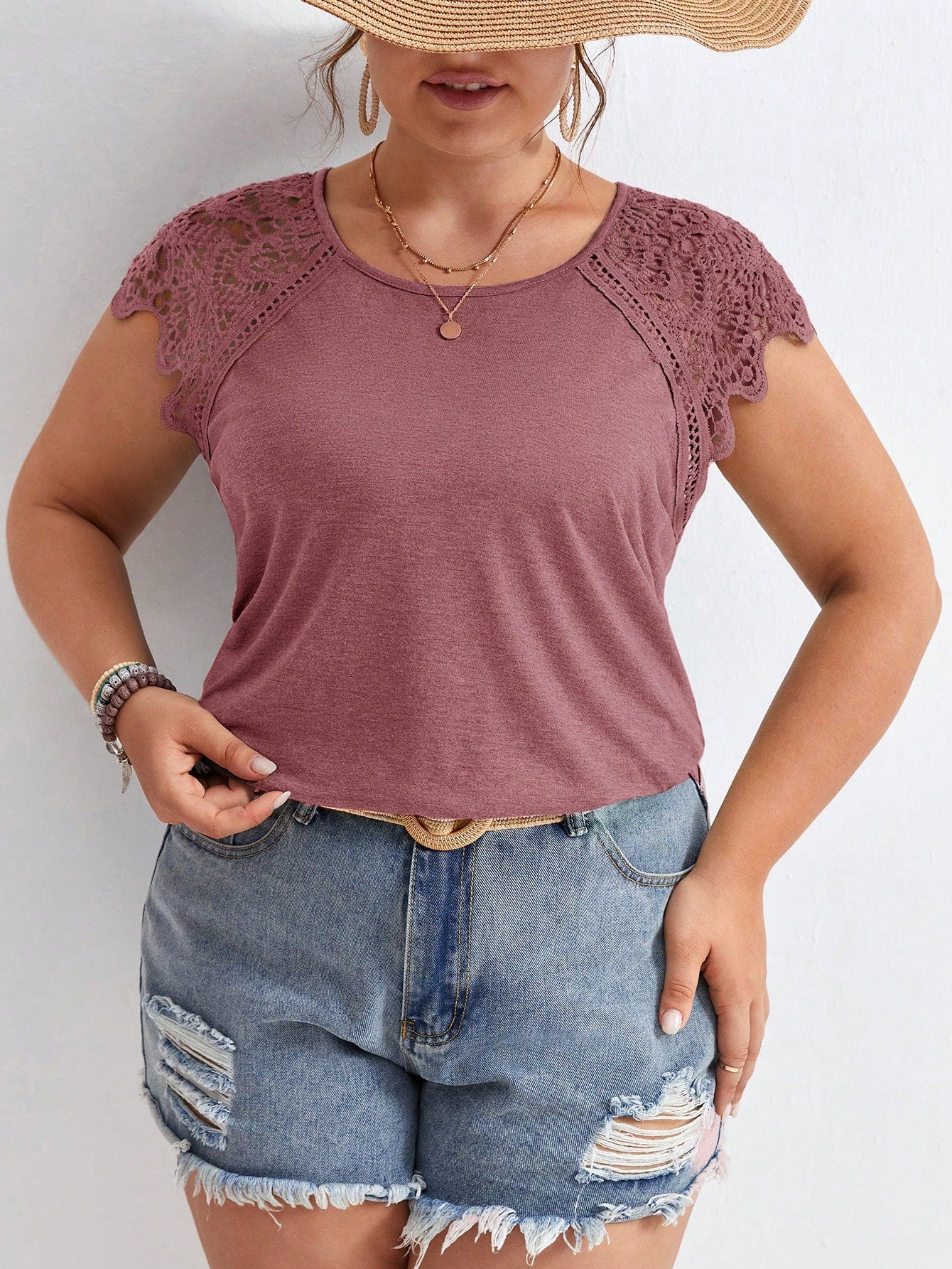 Frenchy Plus Contrast Guipure Lace Raglan Sleeve Tee