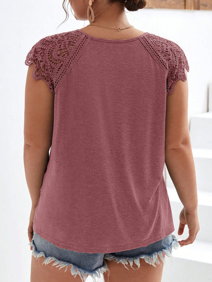 Frenchy Plus Contrast Guipure Lace Raglan Sleeve Tee