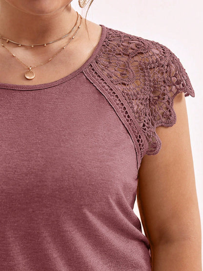 Frenchy Plus Contrast Guipure Lace Raglan Sleeve Tee