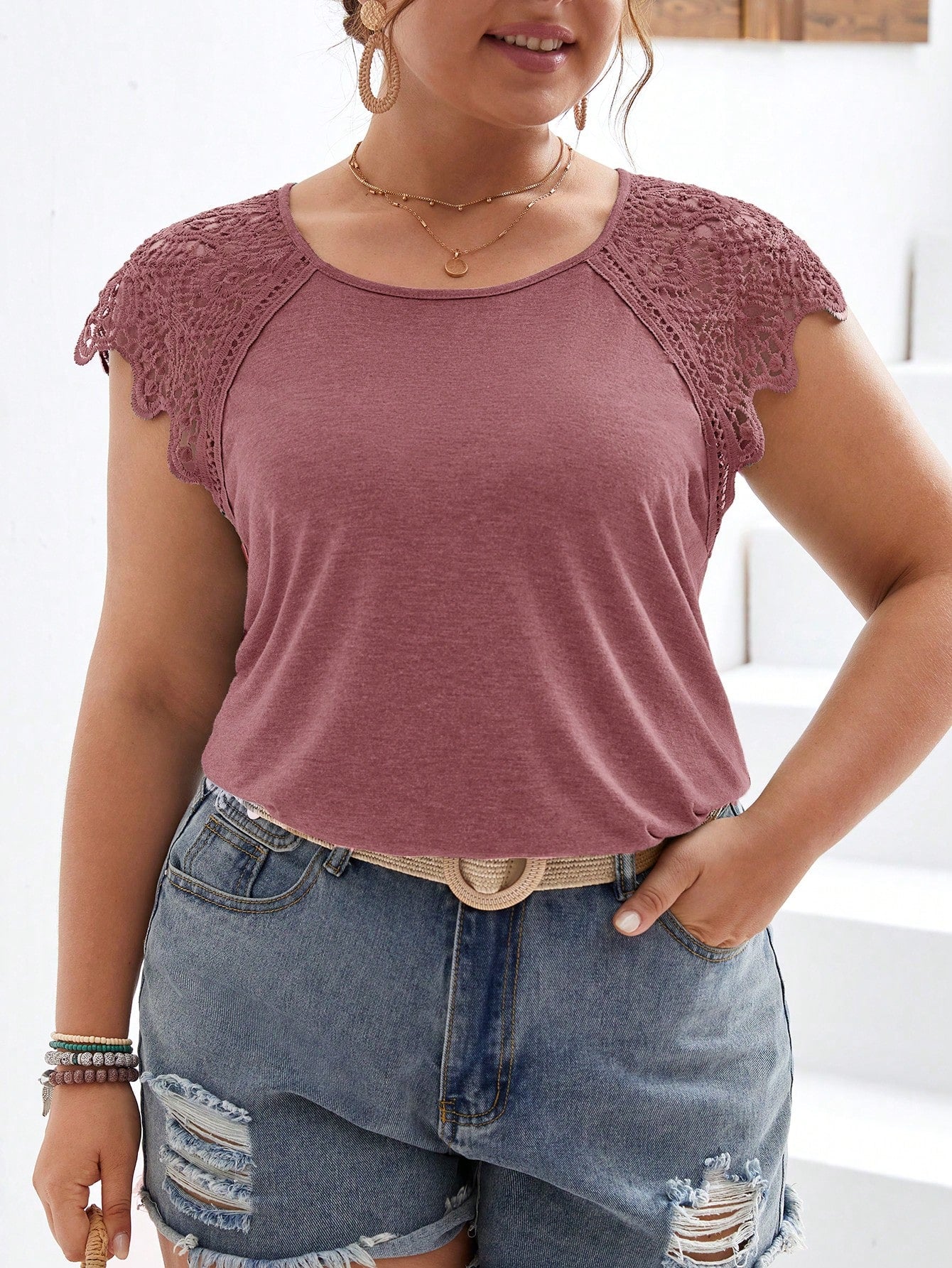 Frenchy Plus Contrast Guipure Lace Raglan Sleeve Tee