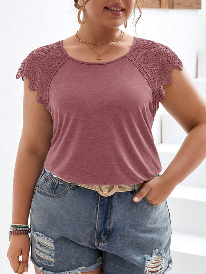 Frenchy Plus Contrast Guipure Lace Raglan Sleeve Tee