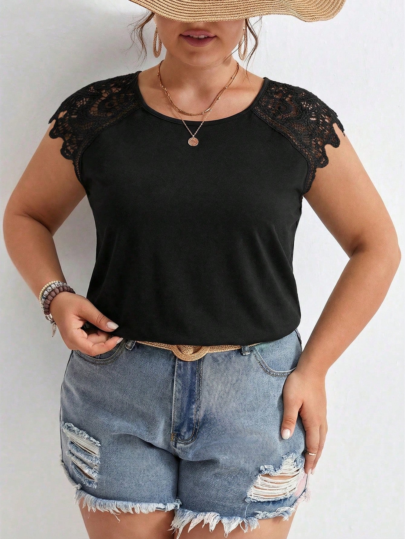Frenchy Plus Contrast Guipure Lace Raglan Sleeve Tee