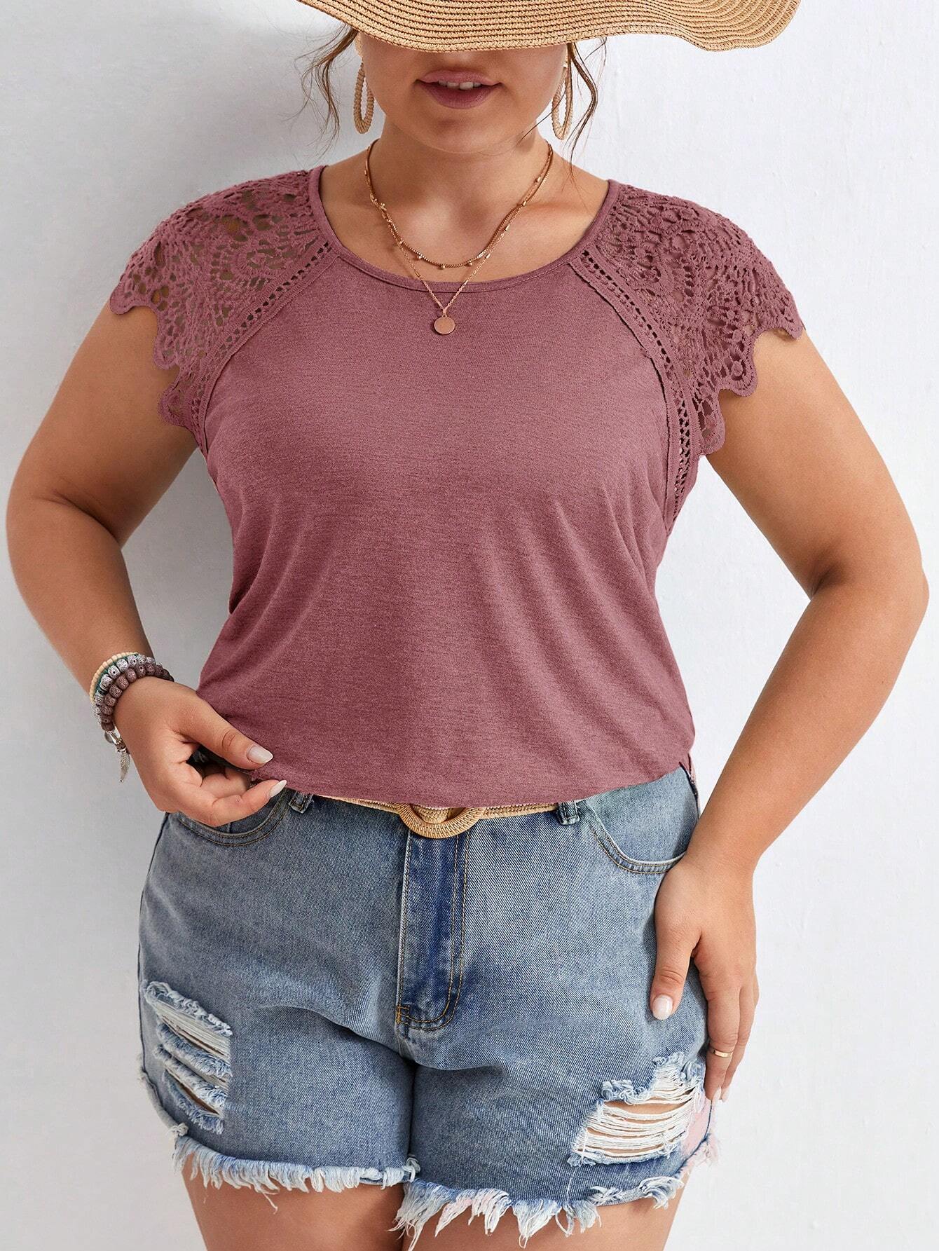 Frenchy Plus Contrast Guipure Lace Raglan Sleeve Tee
