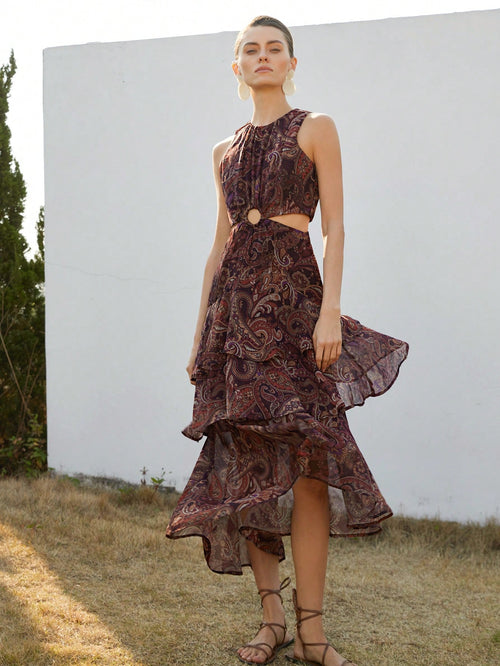 Frievida Elegant Ruffled Round Hollow Tiered Maxi Dress, Paisley Chiffon Dress, Spring/Summer