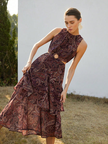 Frievida Elegant Ruffled Round Hollow Tiered Maxi Dress, Paisley Chiffon Dress, Spring/Summer