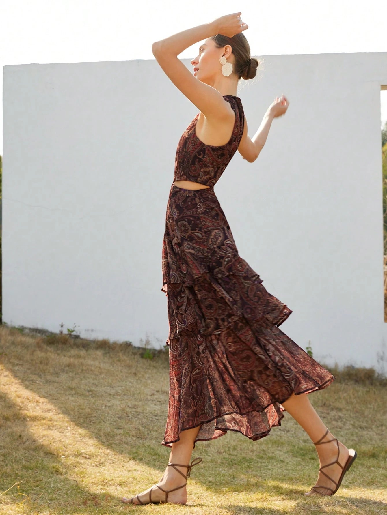 Frievida Elegant Ruffled Round Hollow Tiered Maxi Dress, Paisley Chiffon Dress, Spring/Summer
