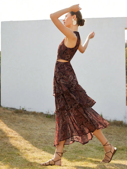 Frievida Elegant Ruffled Round Hollow Tiered Maxi Dress, Paisley Chiffon Dress, Spring/Summer