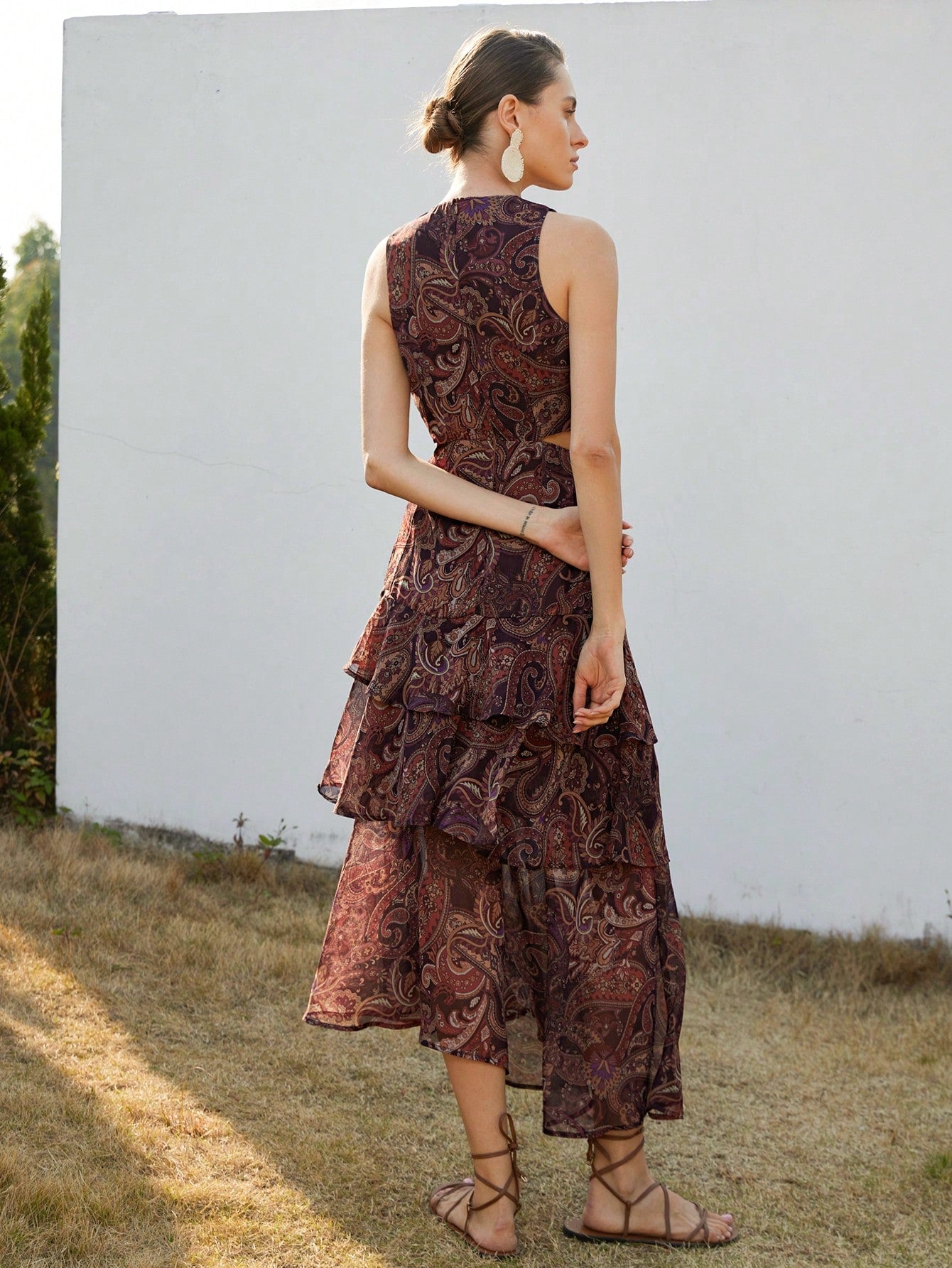 Frievida Elegant Ruffled Round Hollow Tiered Maxi Dress, Paisley Chiffon Dress, Spring/Summer