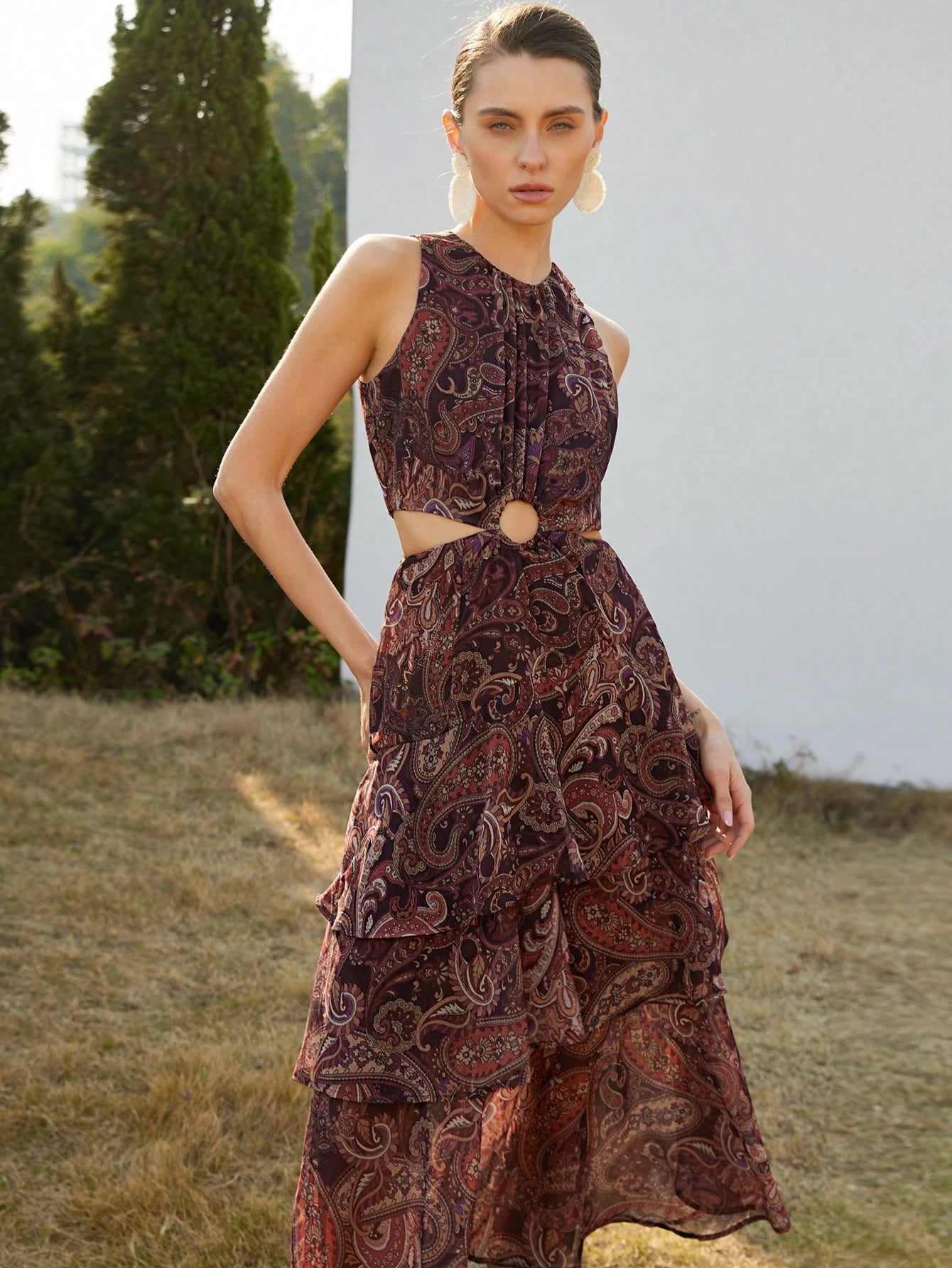 Frievida Elegant Ruffled Round Hollow Tiered Maxi Dress, Paisley Chiffon Dress, Spring/Summer