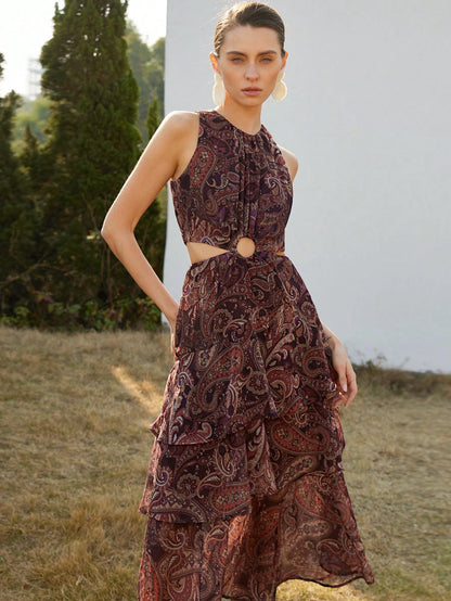 Frievida Elegant Ruffled Round Hollow Tiered Maxi Dress, Paisley Chiffon Dress, Spring/Summer