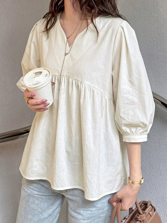 FRIFUL Women's Black V-Neck Puff Sleeve Blouse, Summer Apparel Thin Clothing