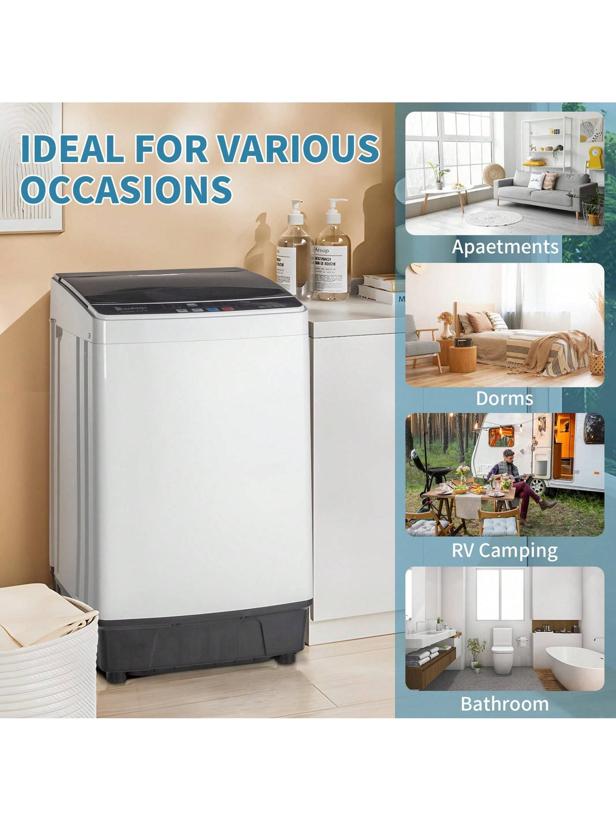 Full-Automatic Washing Machine Top Load Portable Compact Laundry Washer Spin With Drain Pump,10 Programs 8 Water Level Selections With LED Display 17.6 Lbs Capacity, Black