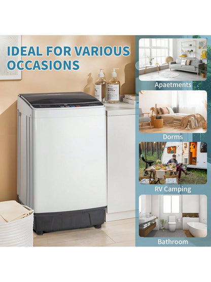 Full-Automatic Washing Machine Top Load Portable Compact Laundry Washer Spin With Drain Pump,10 Programs 8 Water Level Selections With LED Display 17.6 Lbs Capacity, Black