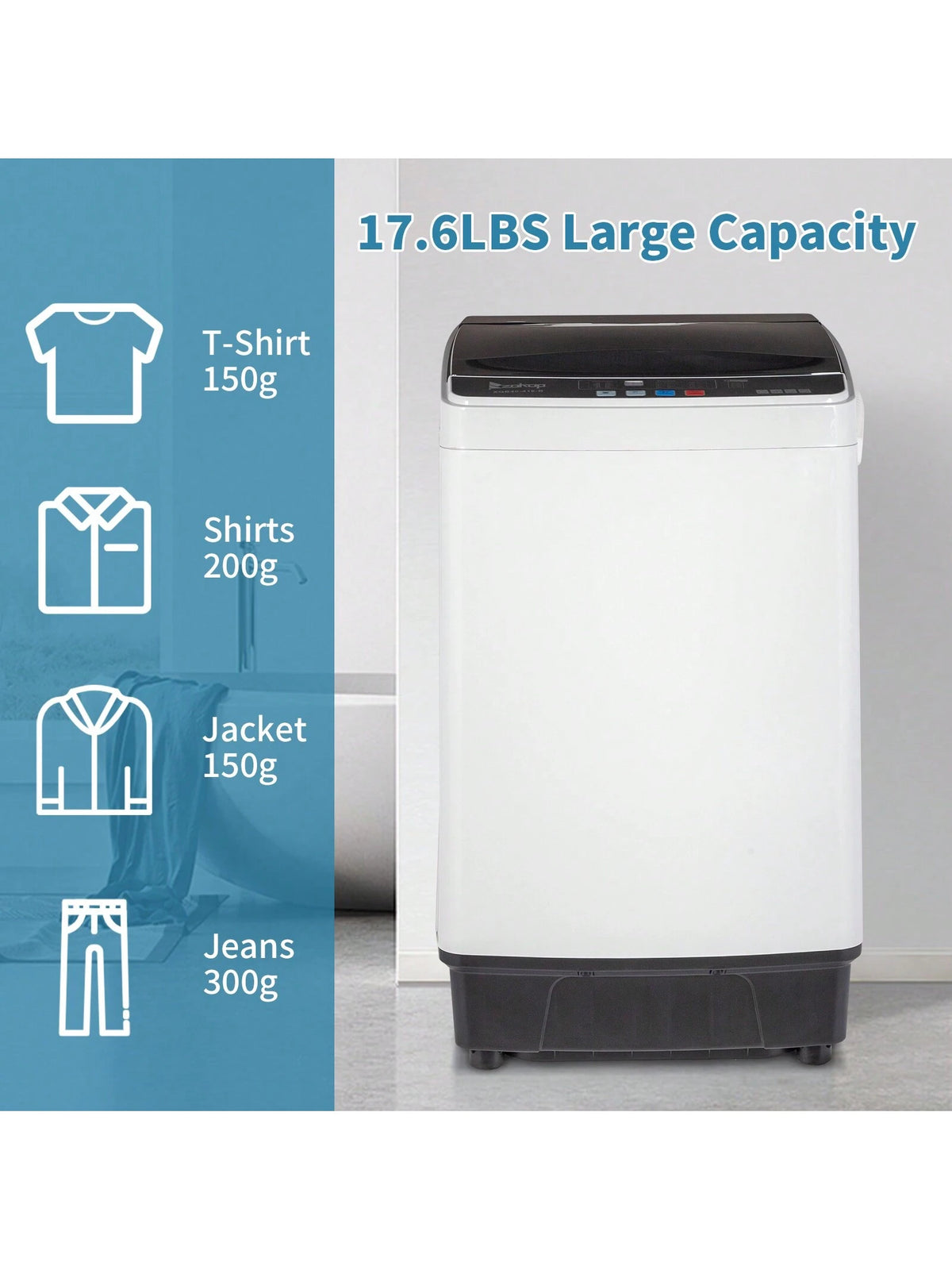 Full-Automatic Washing Machine Top Load Portable Compact Laundry Washer Spin With Drain Pump,10 Programs 8 Water Level Selections With LED Display 17.6 Lbs Capacity, Black
