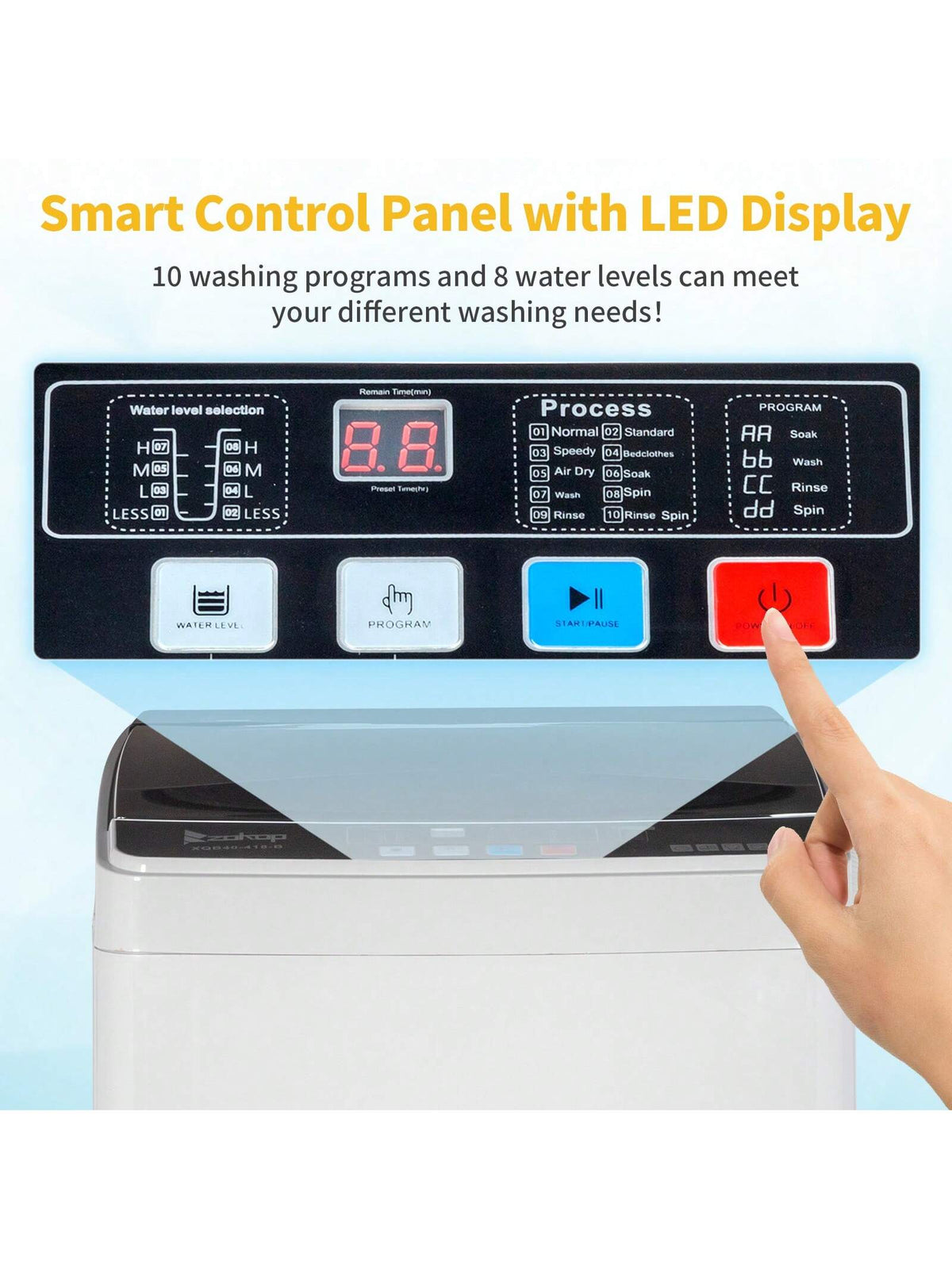 Full-Automatic Washing Machine Top Load Portable Compact Laundry Washer Spin With Drain Pump,10 Programs 8 Water Level Selections With LED Display 17.6 Lbs Capacity, Black