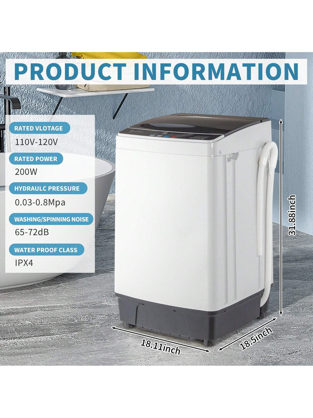 Full-Automatic Washing Machine Top Load Portable Compact Laundry Washer Spin With Drain Pump,10 Programs 8 Water Level Selections With LED Display 17.6 Lbs Capacity, Black