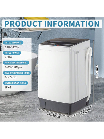 Full-Automatic Washing Machine Top Load Portable Compact Laundry Washer Spin With Drain Pump,10 Programs 8 Water Level Selections With LED Display 17.6 Lbs Capacity, Black