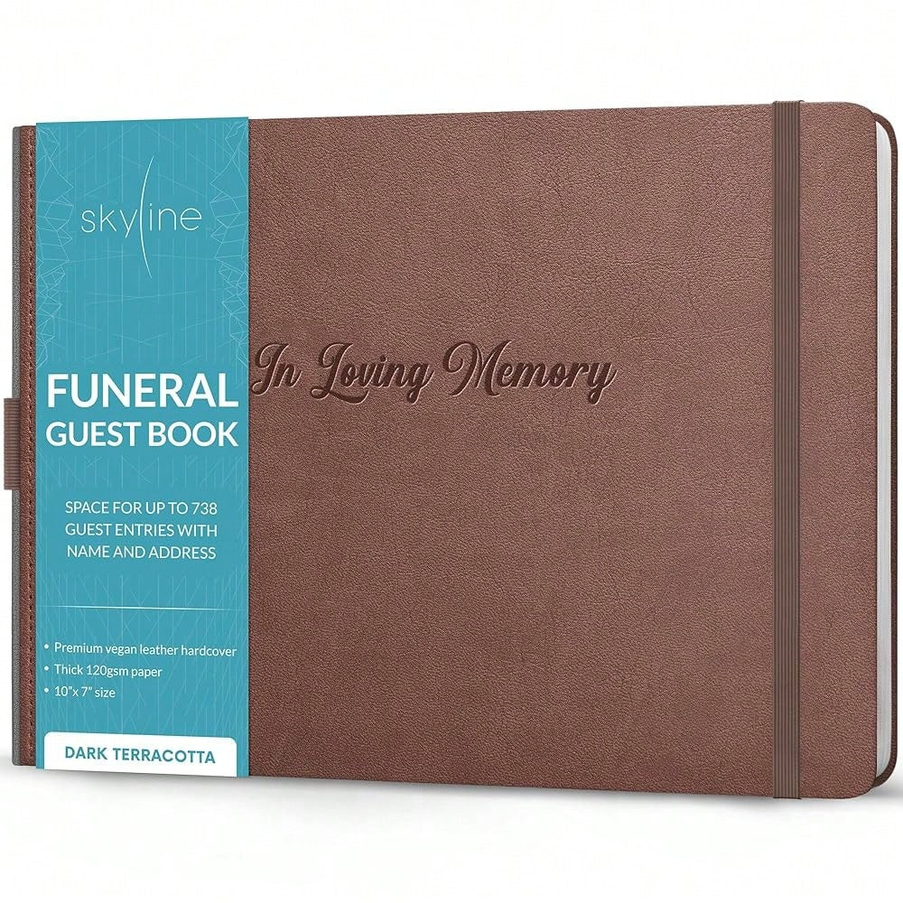 Funeral Guest Book For Memorial & Funeral Services – In Loving Memory Guest Sign In Book For Funerals – 738 Guest Entries With Name & Address, 129 Pages, Hardcover, 10x7″ (Dark Terracotta)
