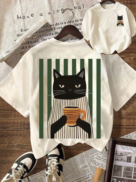 Funny Cat Drinking Coffee Green Striped Graphic T-Shirt, Women's Casual Round Neck Short Sleeve T-Shirt, Solid Color Minimalist Fashion Suitable For Summer