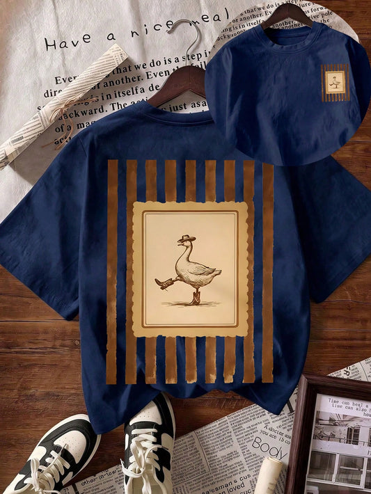 Funny Western Cowboy Goose Print Short Sleeve Casual Crew Neck Women's T-Shirt, Summer Top, Vacation Clothing