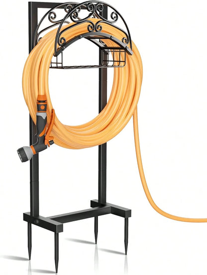 Garden Hose Holder- Upgraded Water Hose Holder Stand With Storage Basket Holds 151ft, Heavy Duty Freestanding Garden Hose Hanger Storage Rack For Outside Yard Lawn Farm