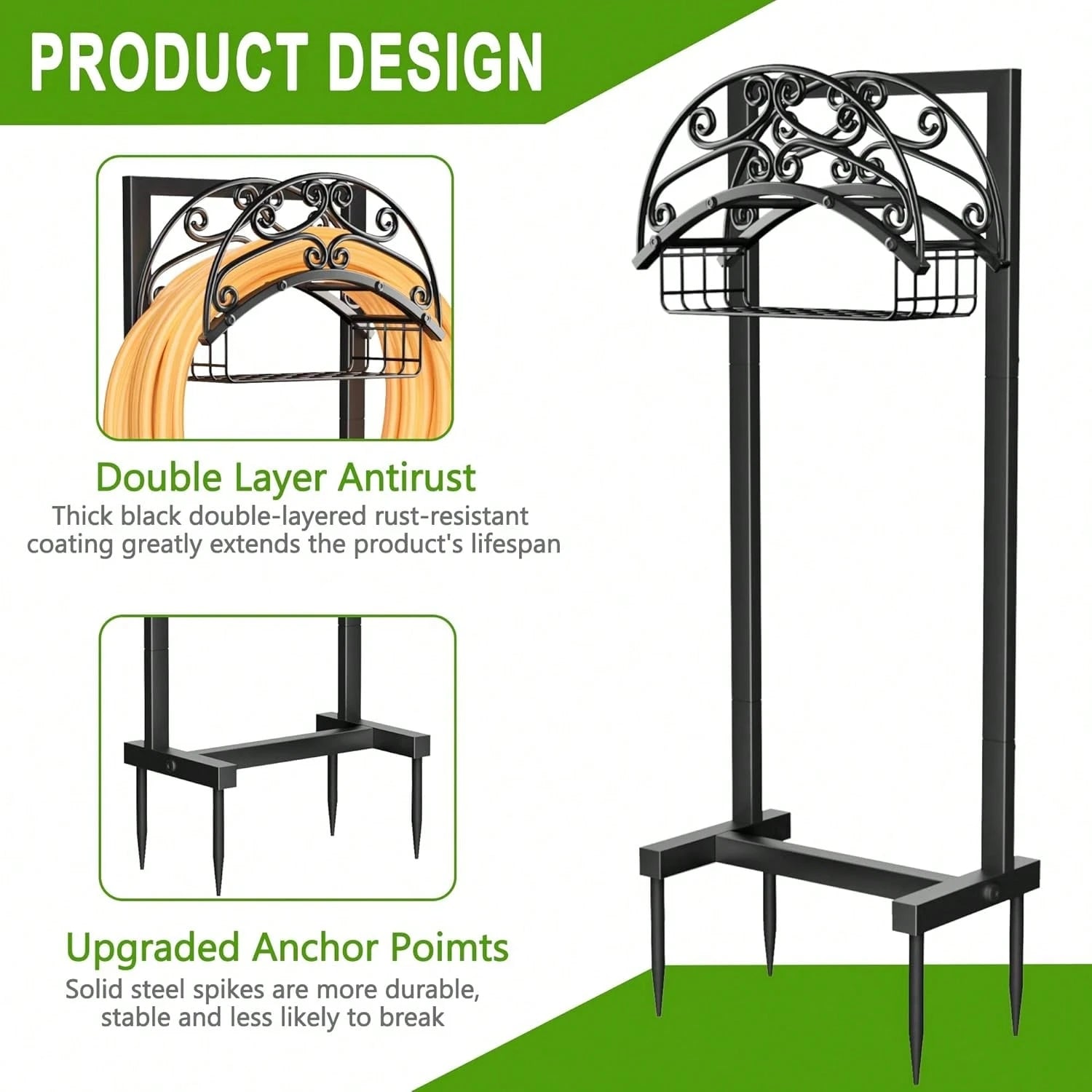 Garden Hose Holder- Upgraded Water Hose Holder Stand With Storage Basket Holds 151ft, Heavy Duty Freestanding Garden Hose Hanger Storage Rack For Outside Yard Lawn Farm