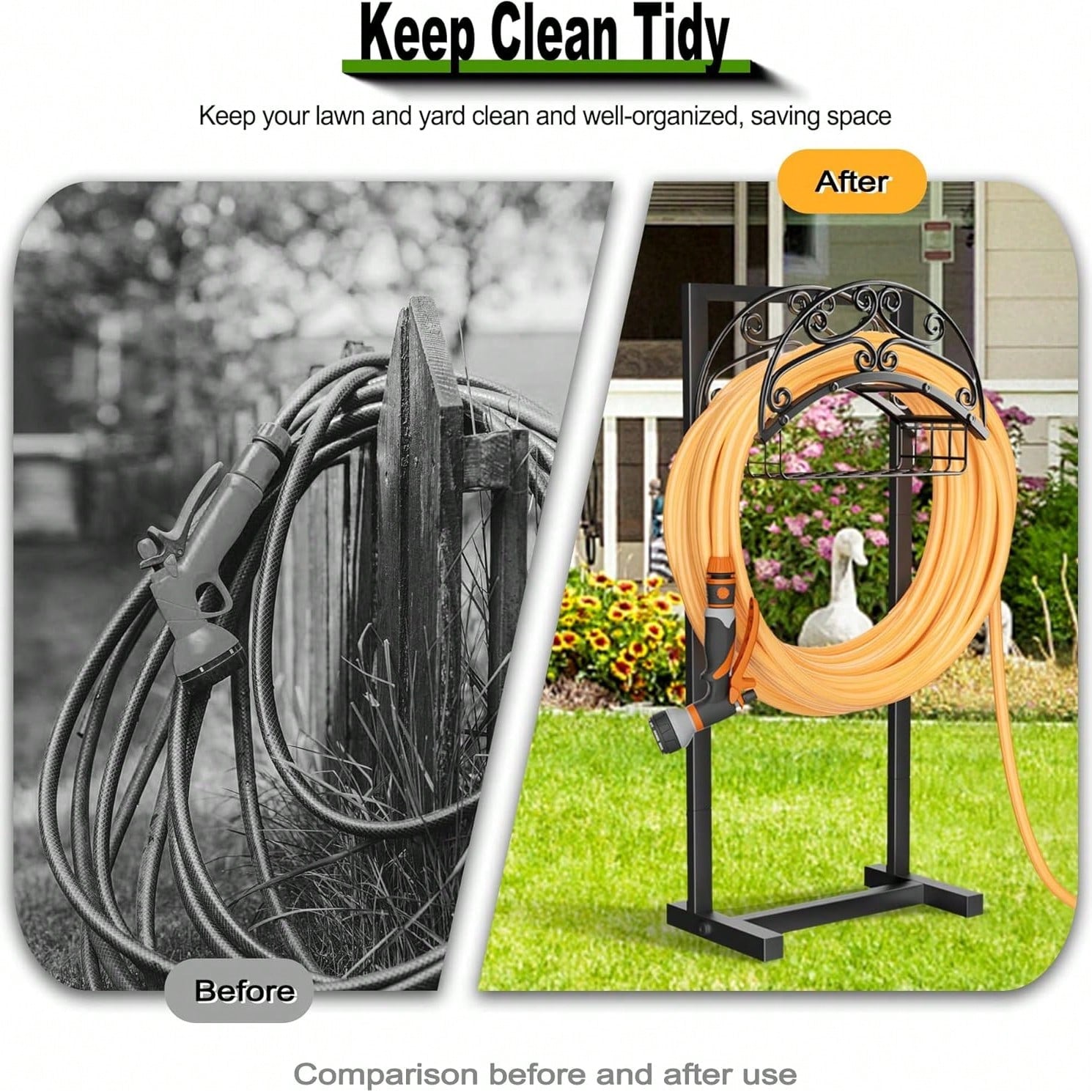 Garden Hose Holder- Upgraded Water Hose Holder Stand With Storage Basket Holds 151ft, Heavy Duty Freestanding Garden Hose Hanger Storage Rack For Outside Yard Lawn Farm