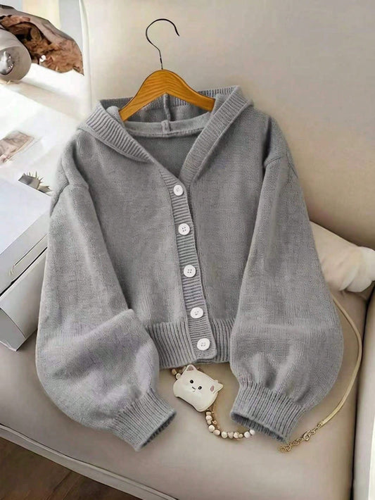 Genkimix Kids Girls' Fashion Casual Fresh Short Solid Color Autumn/Winter Hooded Knit Cardigan Sweater