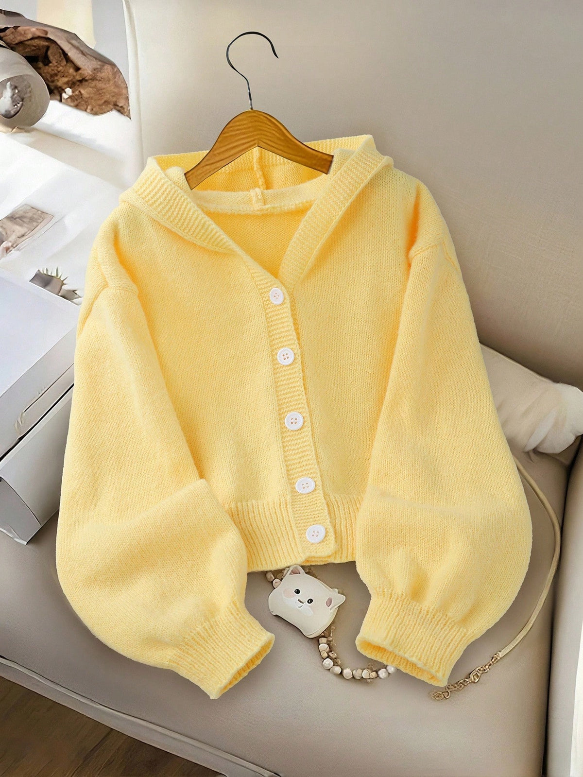 Genkimix Kids Girls' Fashion Casual Fresh Short Solid Color Autumn/Winter Hooded Knit Cardigan Sweater